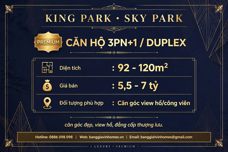 Bảng Giá Căn hộ 3PN+1-Duplex Sky Park Vinhomes King Park
