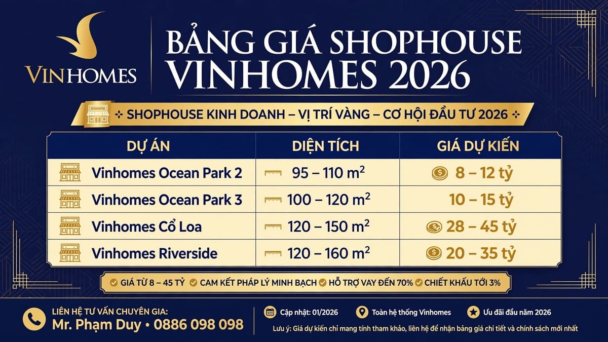 Bảng Giá Shophouse Vinhomes