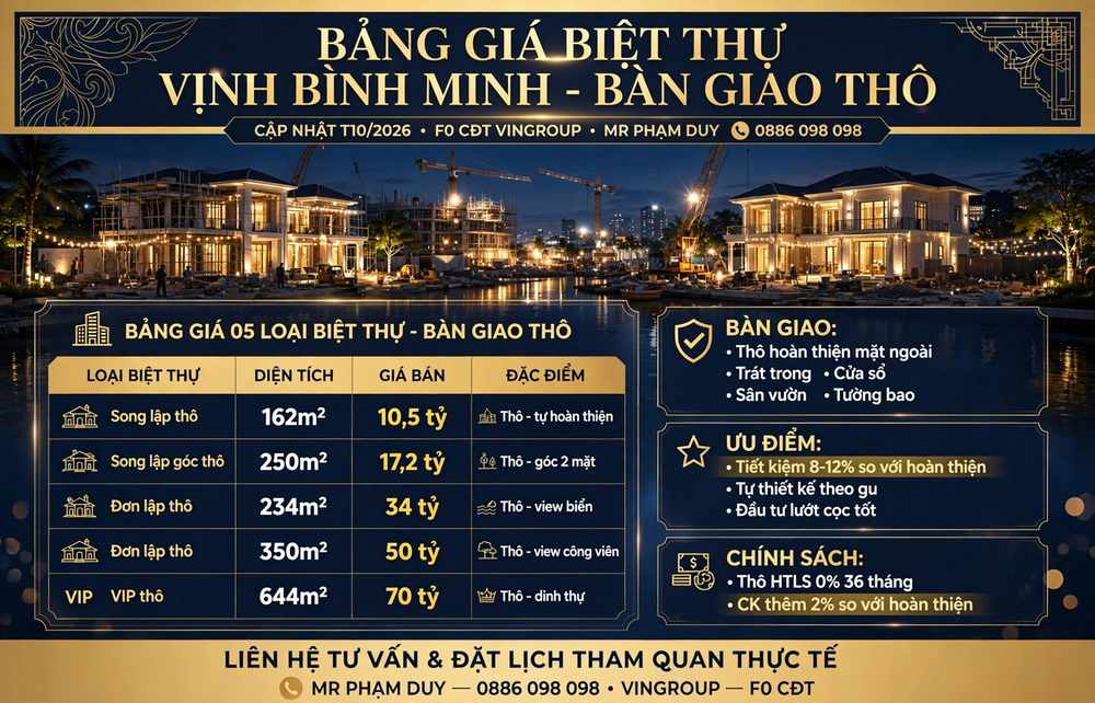 Bảng giá biệt thự Vịnh Bình Minh bàn giao thô rẻ nhất thị trường