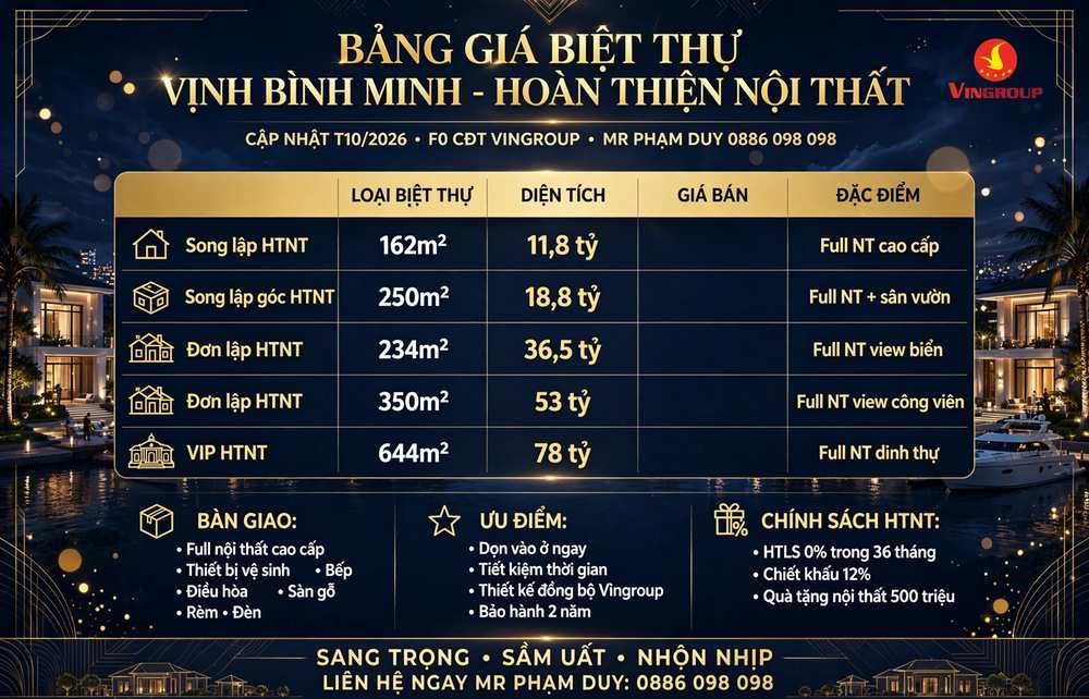 Bảng giá biệt thự Vịnh Bình Minh hoàn thiện nội thất giá tốt nhất