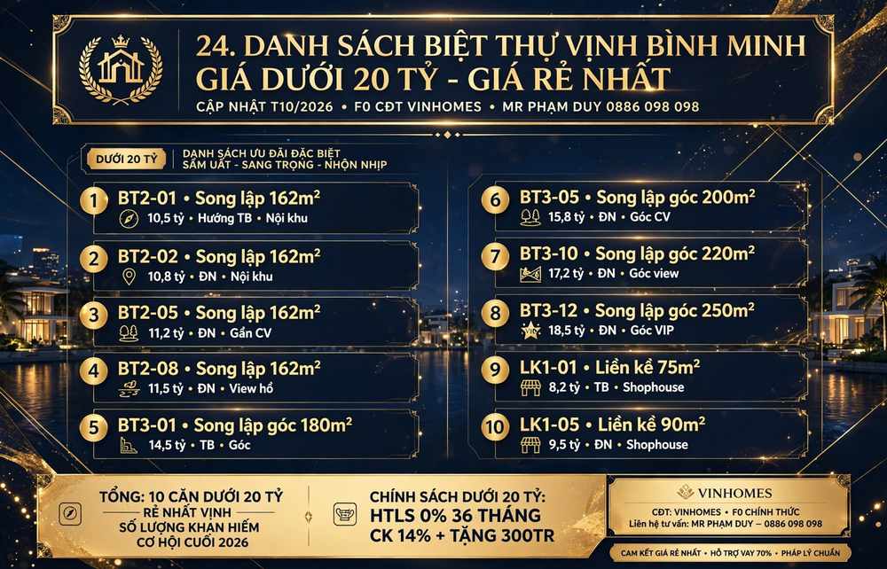 Danh sách các căn biệt thự Vịnh Bình Minh giá dưới 20 tỷ