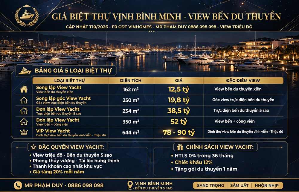 Giá biệt thự Vịnh Bình Minh view bến du thuyền đẳng cấp thượng lưu