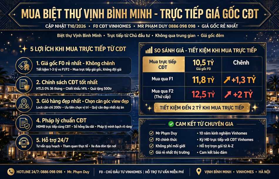 Mua biệt thự Vịnh Bình Minh trực tiếp giá gốc chủ đầu tư