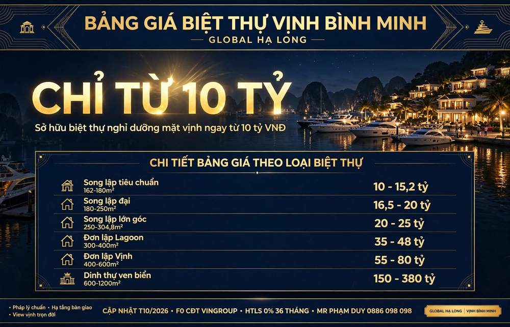 Bảng giá biệt thự Vịnh Bình Minh Vinhomes Global Gate Hạ Long mới nhất