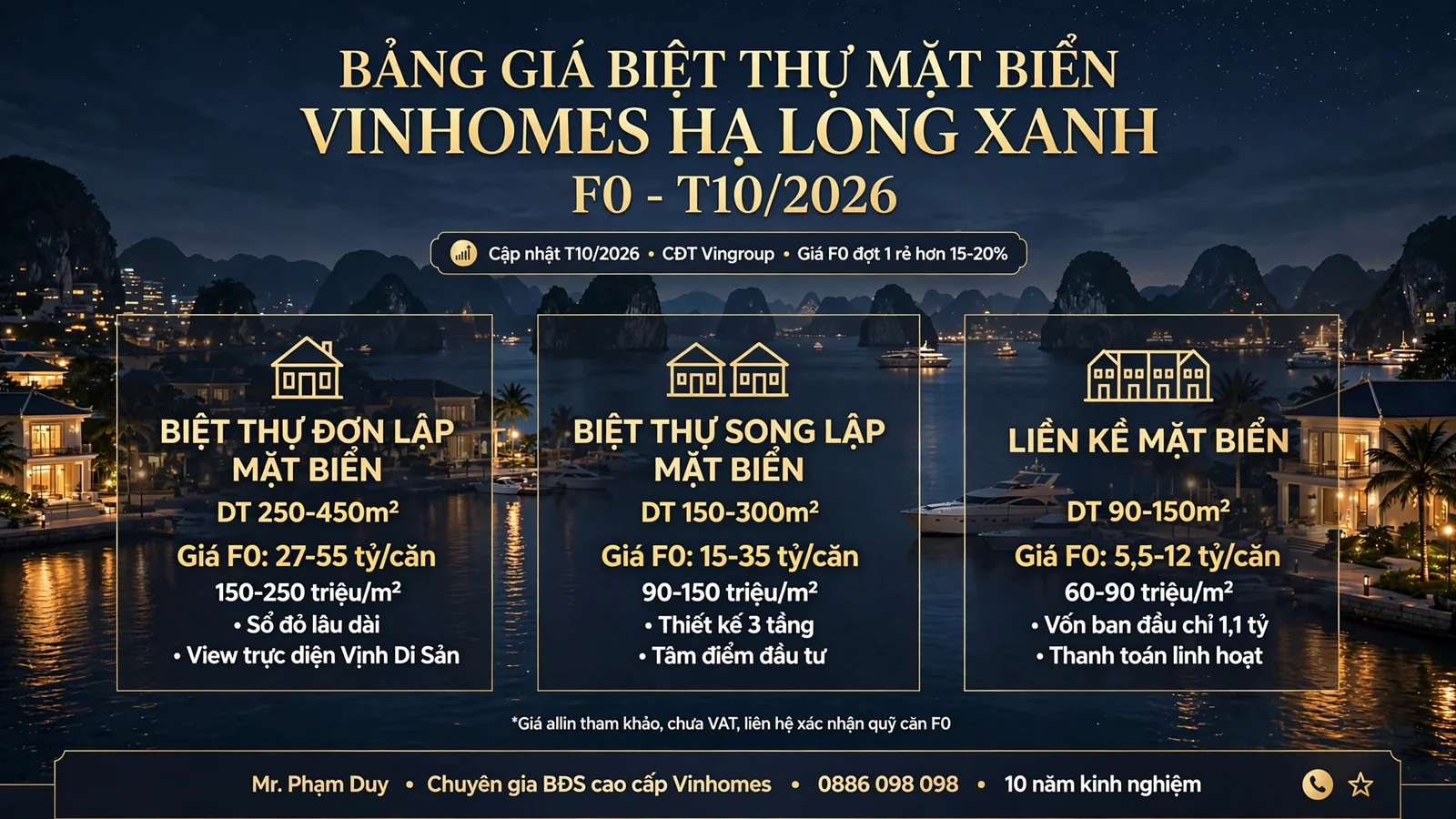 Bảng giá biệt thự mặt biển Vinhomes Hạ Long Xanh F0 T10/2026
