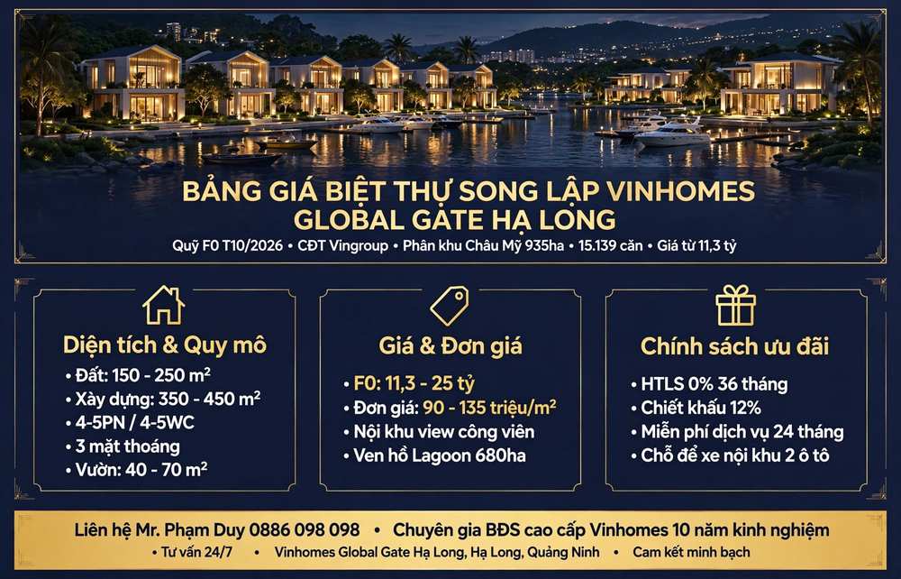 bảng giá biệt thự song lập vinhomes global gate hạ long
