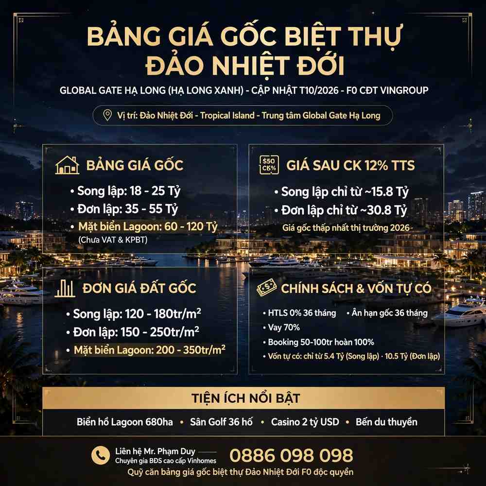 Bảng giá gốc biệt thự đảo nhiệt đới Global Gate Hạ Long (Hạ Long Xanh)