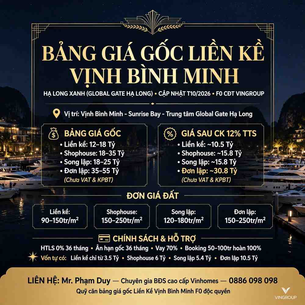 Bảng giá gốc Liền Kề Vịnh Bình Minh Hạ Long Xanh (Global Gate Hạ