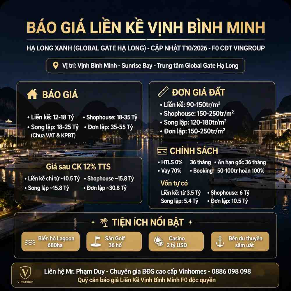 Báo giá Liền Kề Vịnh Bình Minh Hạ Long Xanh (Global Gate Hạ Long)