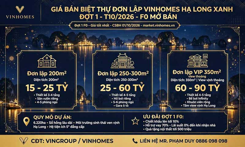 giá bán biệt thự đơn lập vin hạ long xanh đợt 1