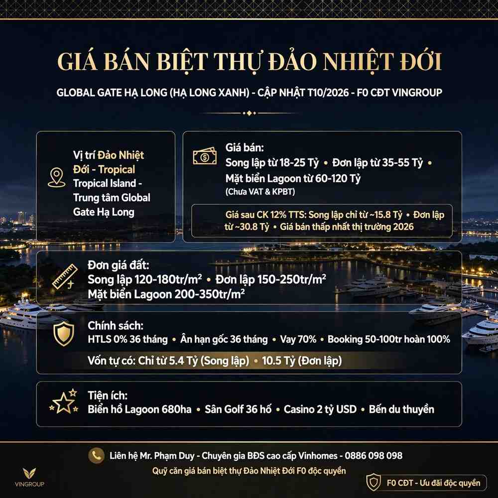 Giá bán biệt thự đảo nhiệt đới Global Gate Hạ Long (Hạ Long Xanh)