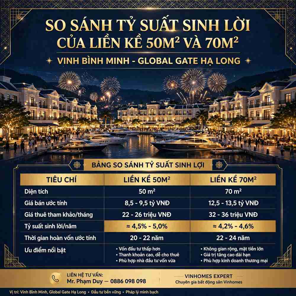 So Sánh Tỷ Suất Sinh Lời Của Liền Kề 50m² Và 70m² Vịnh Bình Minh